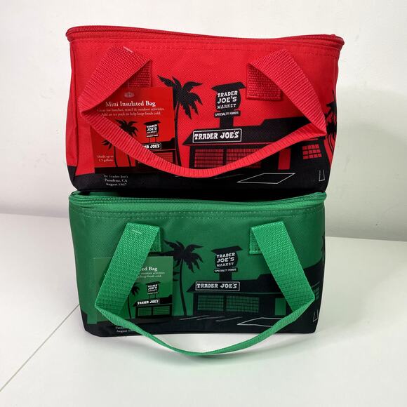 Set of 2 — Trader Joe’s Mini Insulated Cooler Tote Bags — Christmas Red + Green - Picture 1 of 16